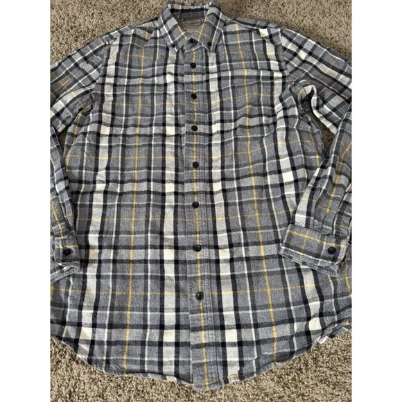 LL BEAN Gray Flannel Plaid Button Down Shirt Western Cabin Cowboy MEDIUM TALL - Picture 3 of 8